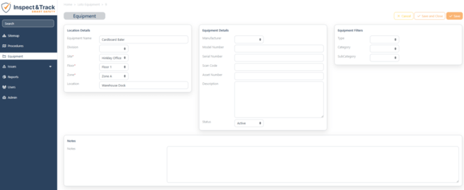Equipment Location Screen